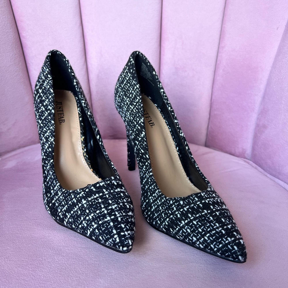 JustFab Monochrome Tweed Giselle Heels